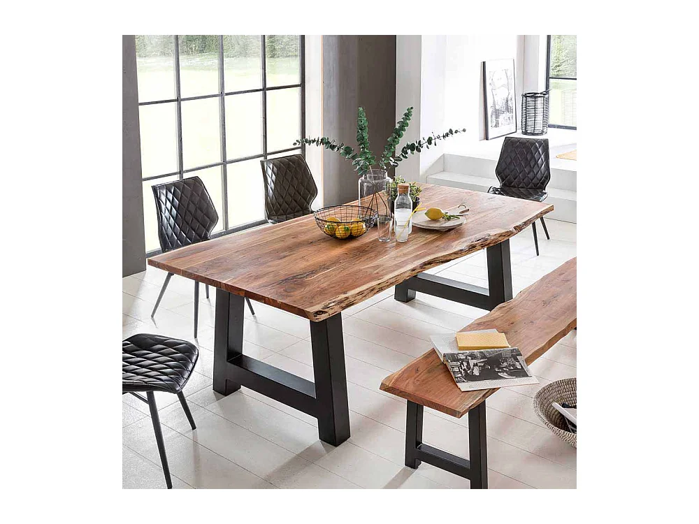 Esszimmertisch mit Baumkante Akazie massiv Schwarz Eisen