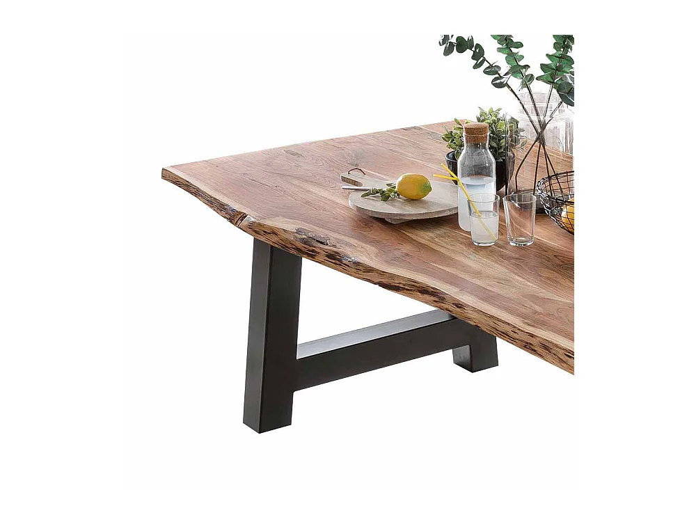 Esszimmertisch mit Baumkante Akazie massiv Schwarz Eisen