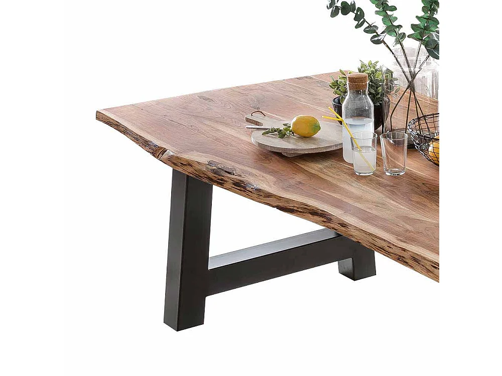 Esszimmertisch mit Baumkante Akazie massiv Schwarz Eisen