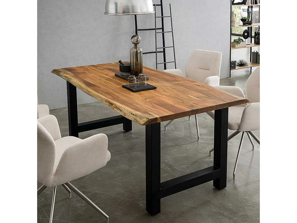 H Gestell Esstisch aus Akazie Massivholz & Metall natürlicher Baumkante