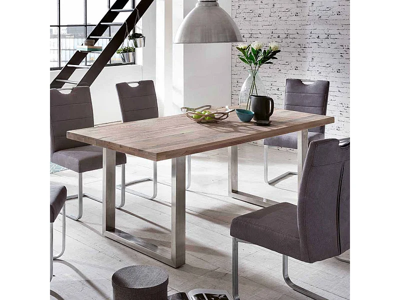 Esszimmertisch im Industry Design Eiche massiv gekälkt Edelstahl