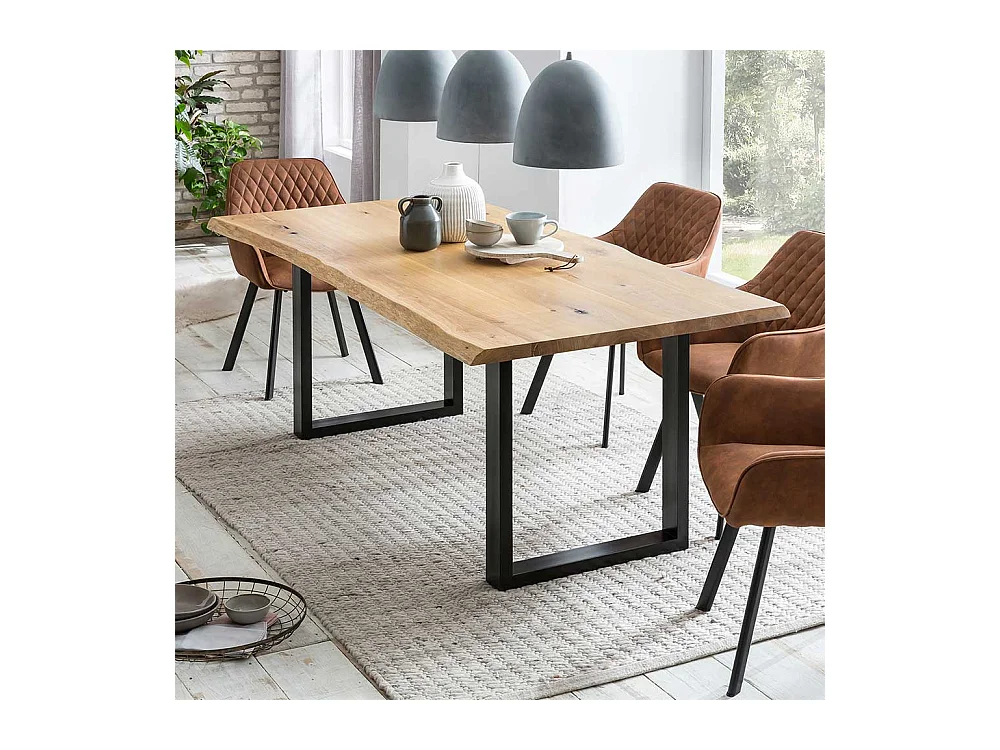 Baumkanten Küchentisch aus Eiche Massivholz Bügelgestell aus Metall