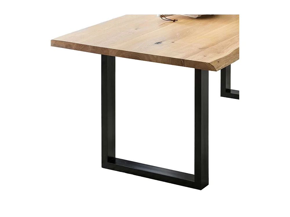 Baumkanten Küchentisch aus Eiche Massivholz Bügelgestell aus Metall