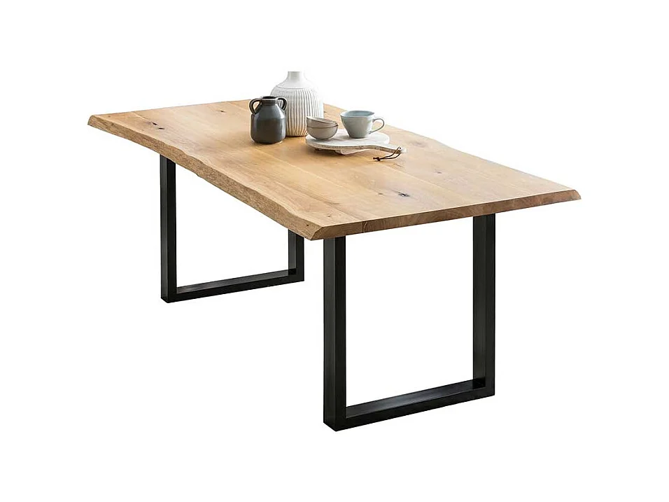 Baumkanten Küchentisch aus Eiche Massivholz Bügelgestell aus Metall