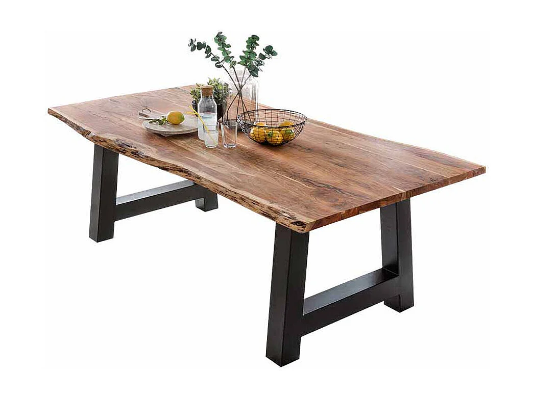 Esszimmertisch mit Baumkante Akazie massiv Schwarz Eisen