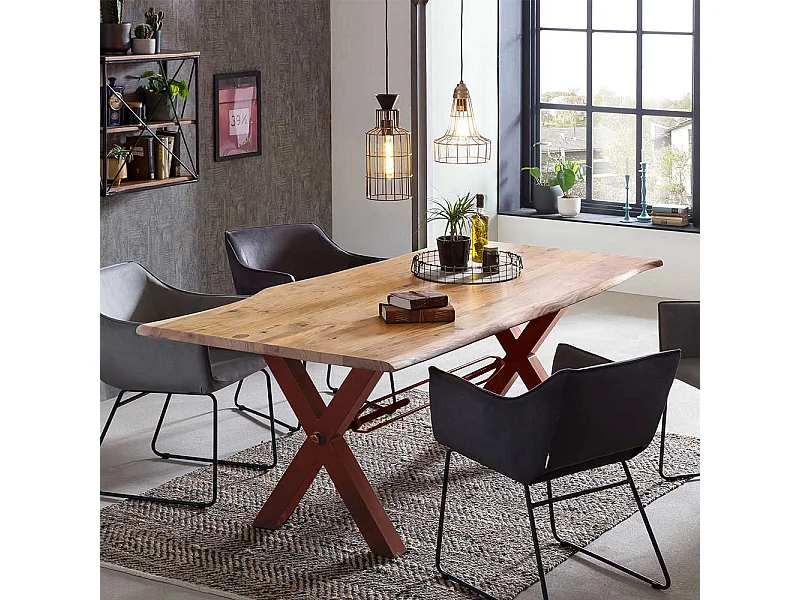 Esstisch mit Baumkante aus Akazie Massivholz Metallgestell