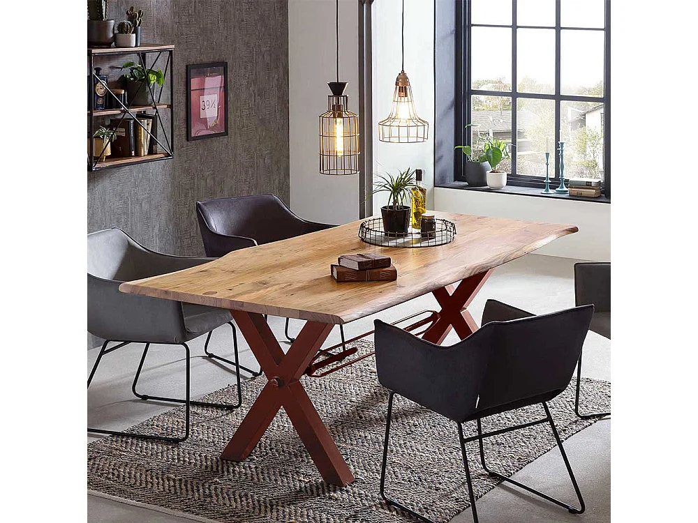 Esstisch mit Baumkante aus Akazie Massivholz Metallgestell