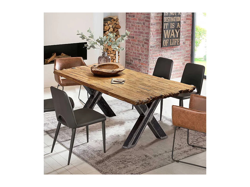 Design Esstisch rustikal aus Recyclingholz Teakfarben und Schwarz