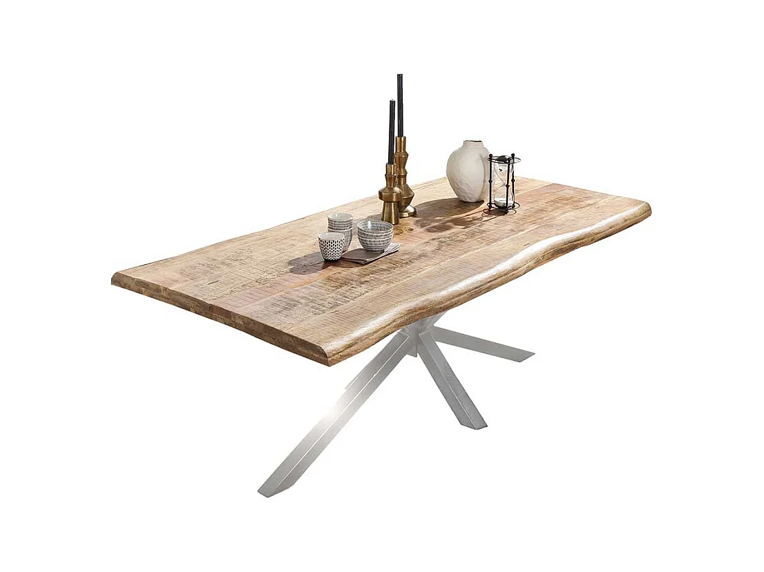 Baumkantentisch aus Mangobaum Massivholz Spider Gestell in Altsilberfarben
