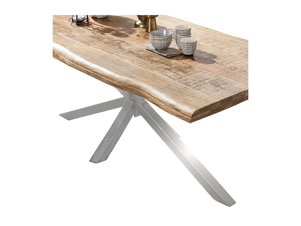 Baumkantentisch aus Mangobaum Massivholz Spider Gestell in Altsilberfarben