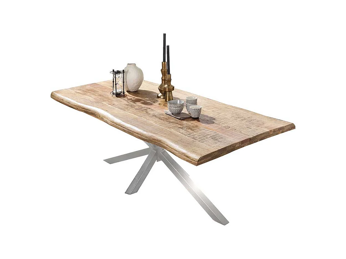 Baumkantentisch aus Mangobaum Massivholz Spider Gestell in Altsilberfarben