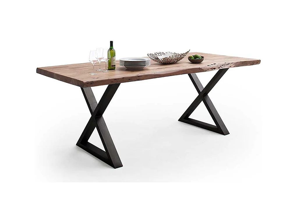 Esstisch Baumkantentisch mit X Gestell aus Metall