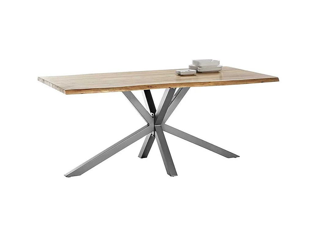 Esszimmertisch mit Akazie Massivholzplatte Spider Gestell in Altsilberfarben