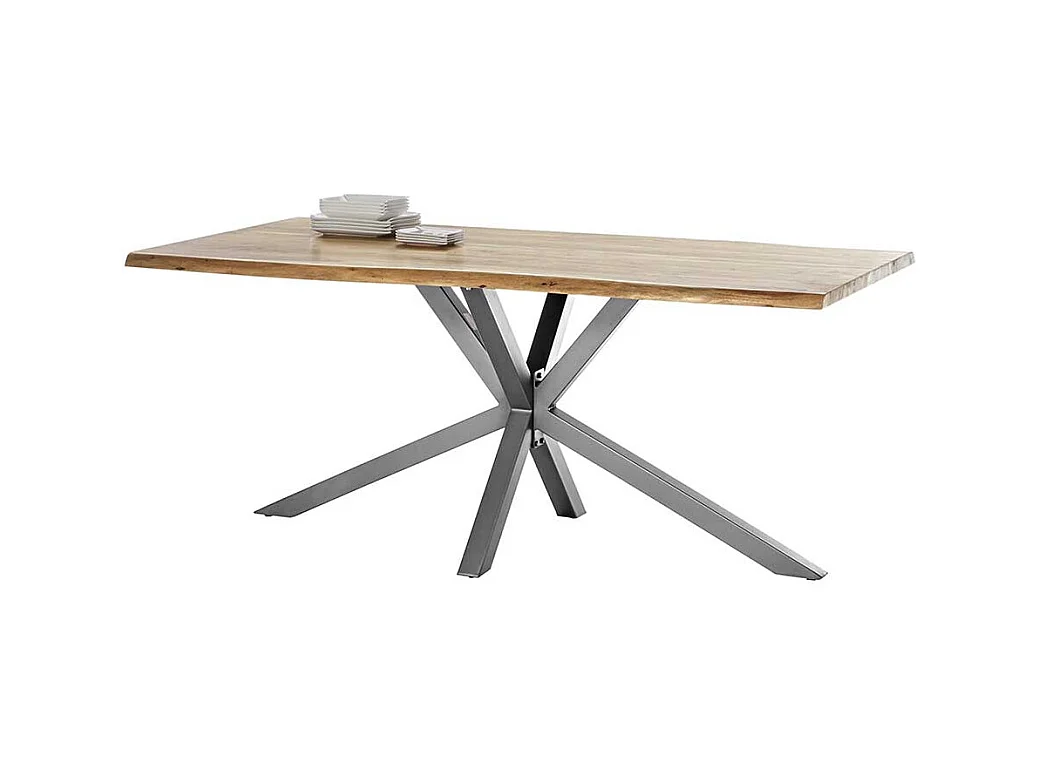 Esszimmertisch mit Akazie Massivholzplatte Spider Gestell in Altsilberfarben