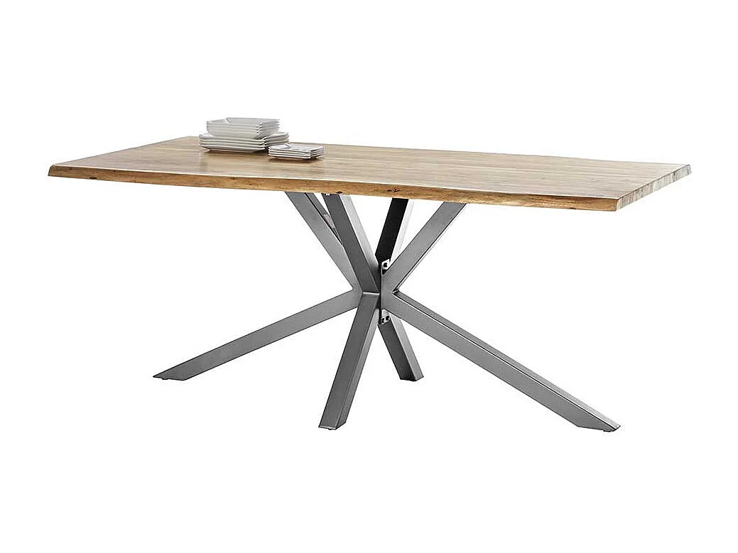 Esszimmertisch mit Akazie Massivholzplatte Spider Gestell in Altsilberfarben
