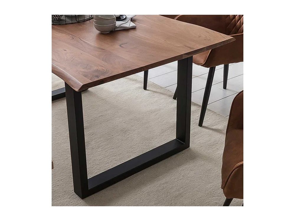 Baumkanten Esszimmertisch aus Akazie Massivholz schwarzem Bügelgestell