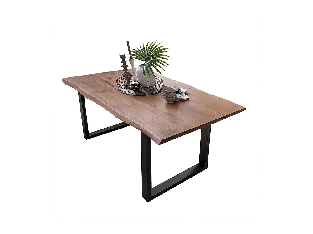 Baumkanten Esszimmertisch aus Akazie Massivholz schwarzem Bügelgestell