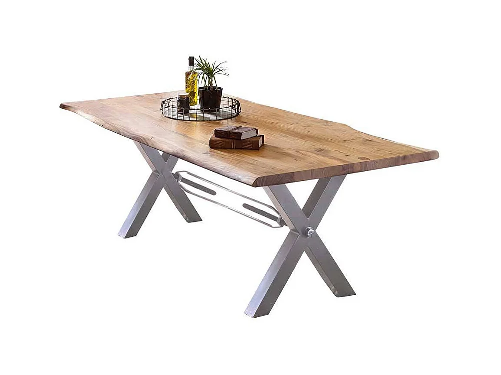 Baumkanten Esszimmertisch in Akaziefarben und Weiß X Fußgestell