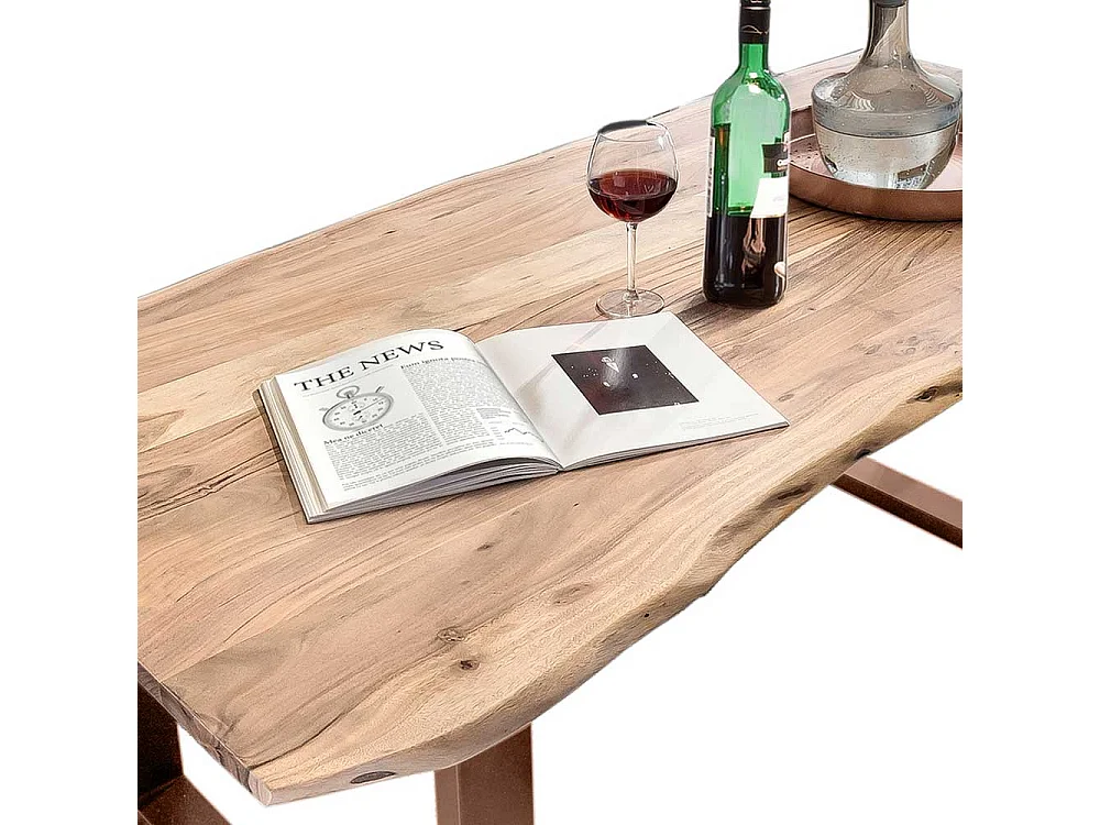 Echtholztisch aus Akazie Massivholz und Metall Bügelgestell