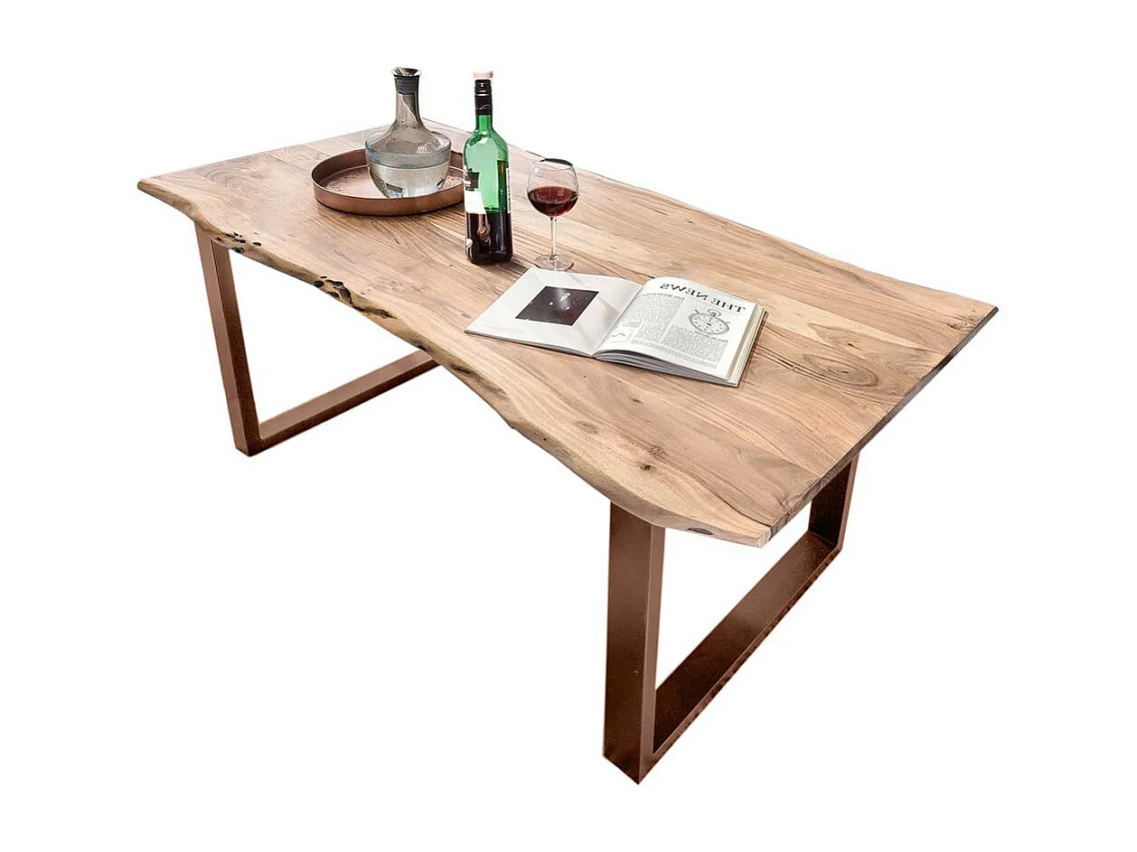 Echtholztisch aus Akazie Massivholz und Metall Bügelgestell