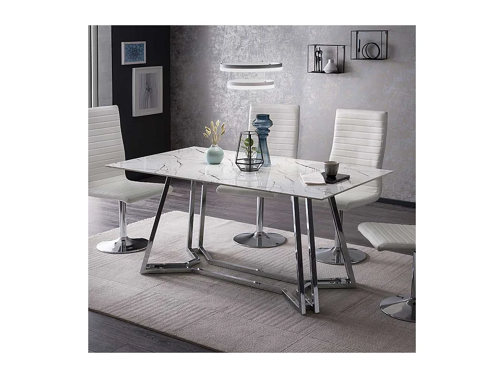 Design Glastisch in Weiß Marmoroptik Chromfarben