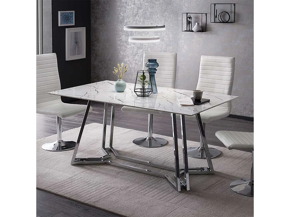 Design Glastisch in Weiß Marmoroptik Chromfarben