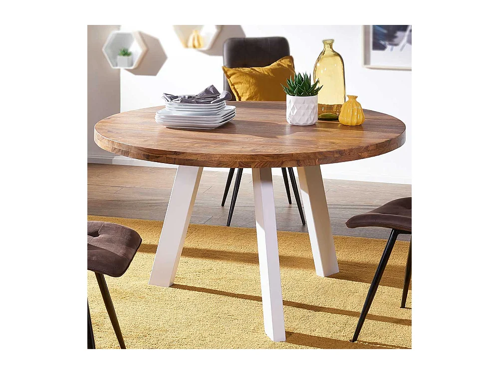 Küchentisch aus Sheesham Massivholz Eisen in Weiß