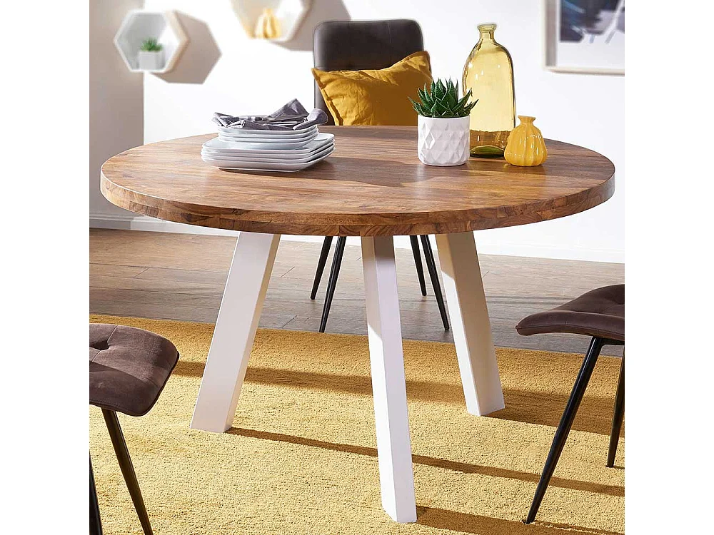 Küchentisch aus Sheesham Massivholz Eisen in Weiß