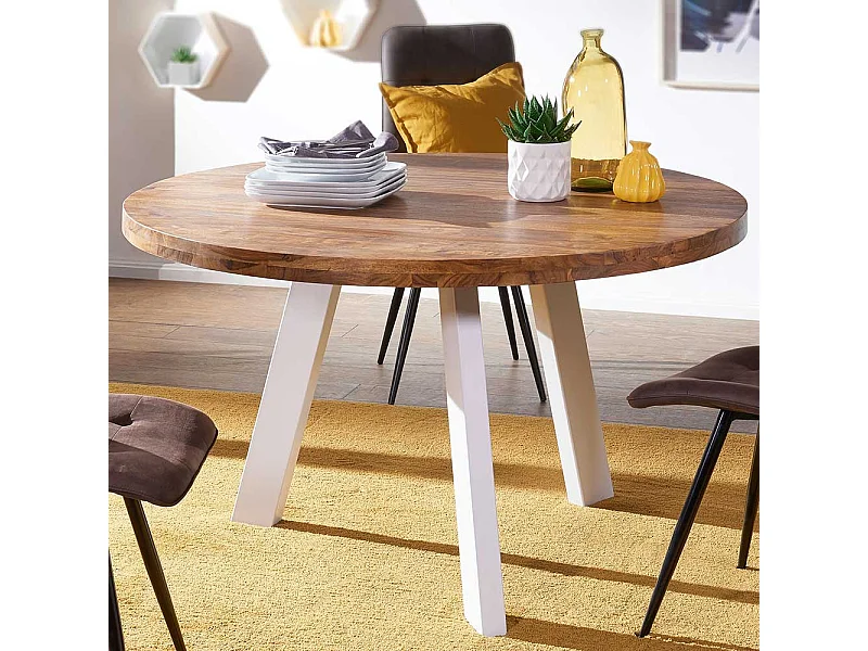 Küchentisch aus Sheesham Massivholz Eisen in Weiß