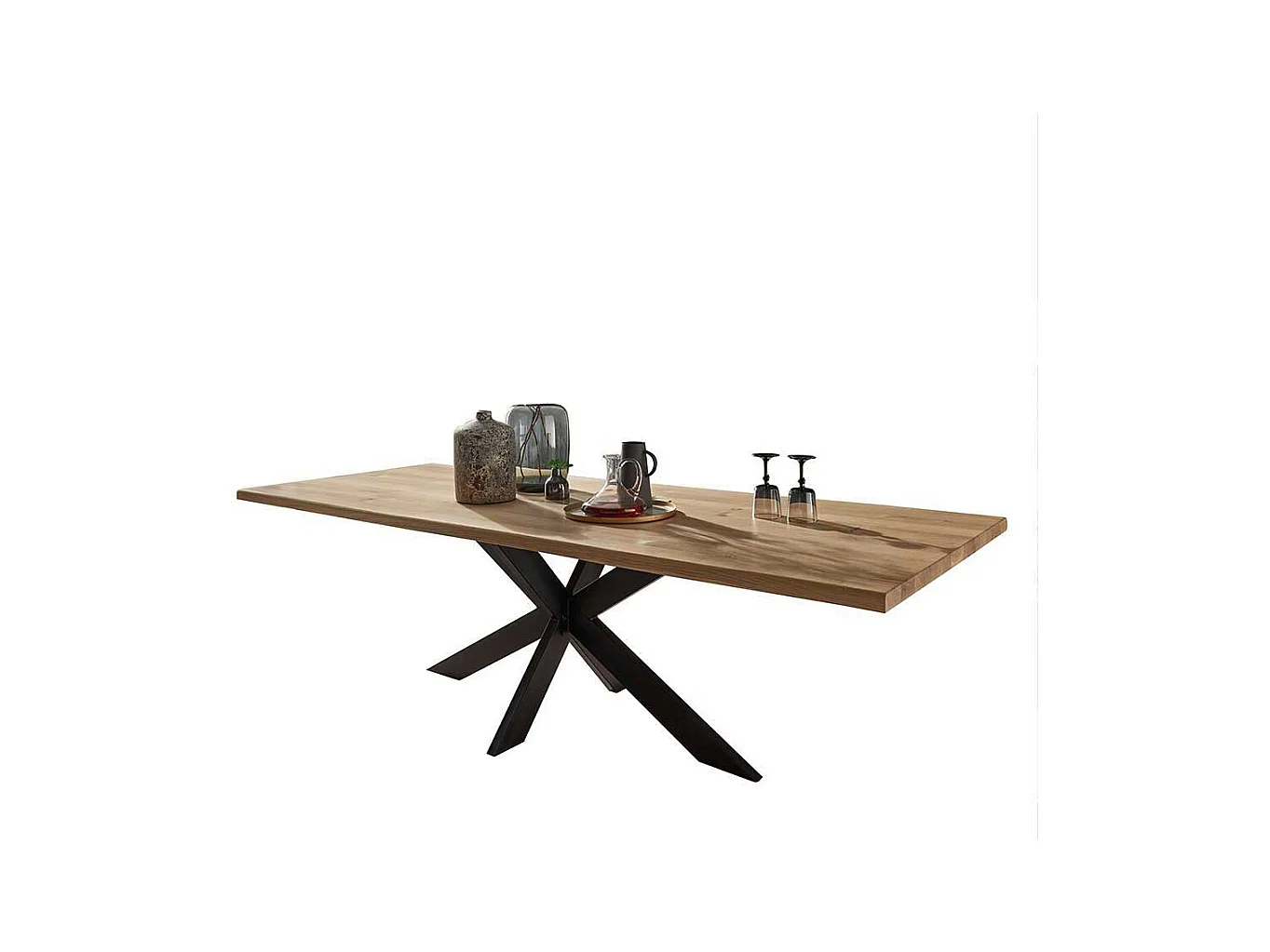 Esstisch aus Wildeiche Massivholz und Stahl Spider Gestell