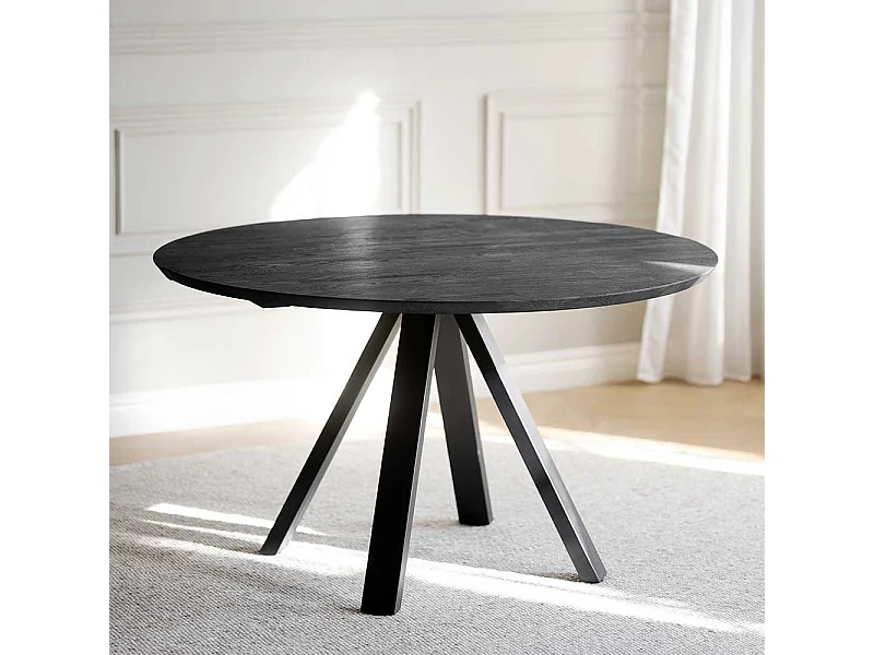 Schwarzer Küchen Tisch aus Eiche Massivholz und Metall rund