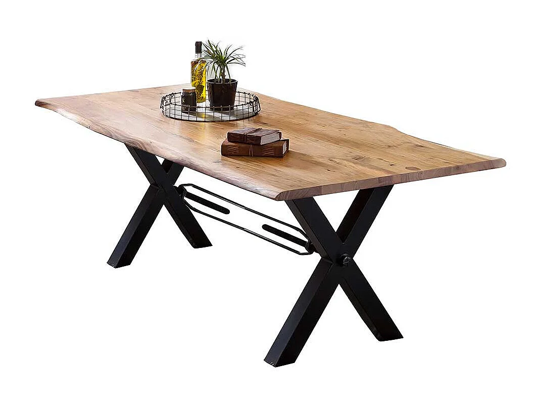 Baumkanten Esszimmertisch aus Akazie Massivholz und Metall Schwarz lackiert