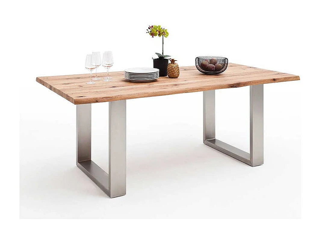 Baumkanten Tisch aus Zerreiche Massivholz Edelstahl