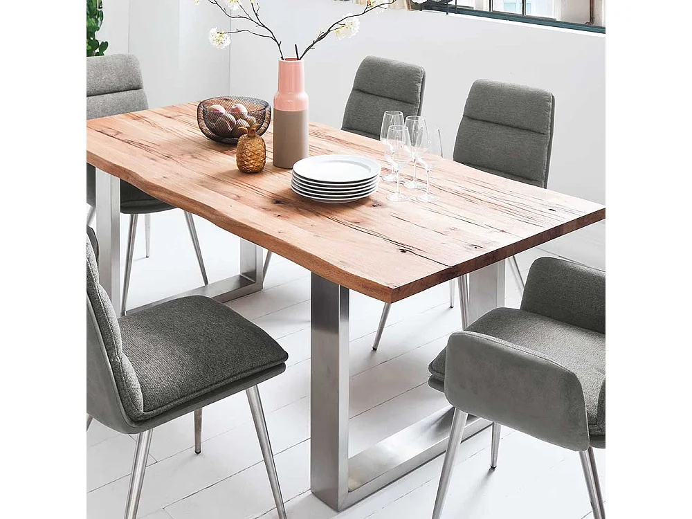 Baumkanten Tisch aus Zerreiche Massivholz Edelstahl