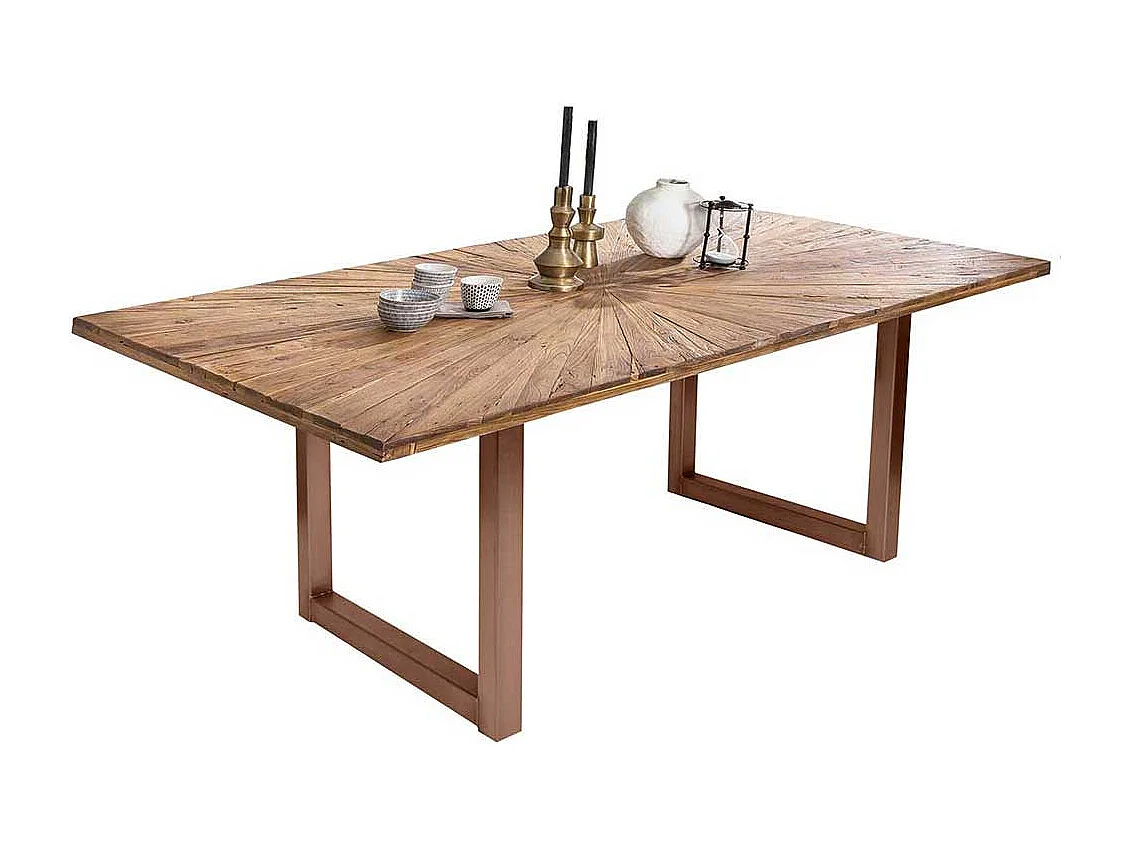 Holztisch Massiv in Teakfarben Platte mit Einlegearbeit