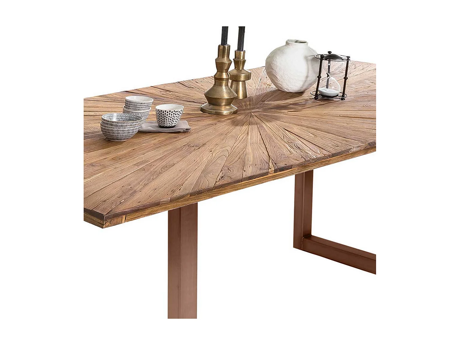 Holztisch Massiv in Teakfarben Platte mit Einlegearbeit