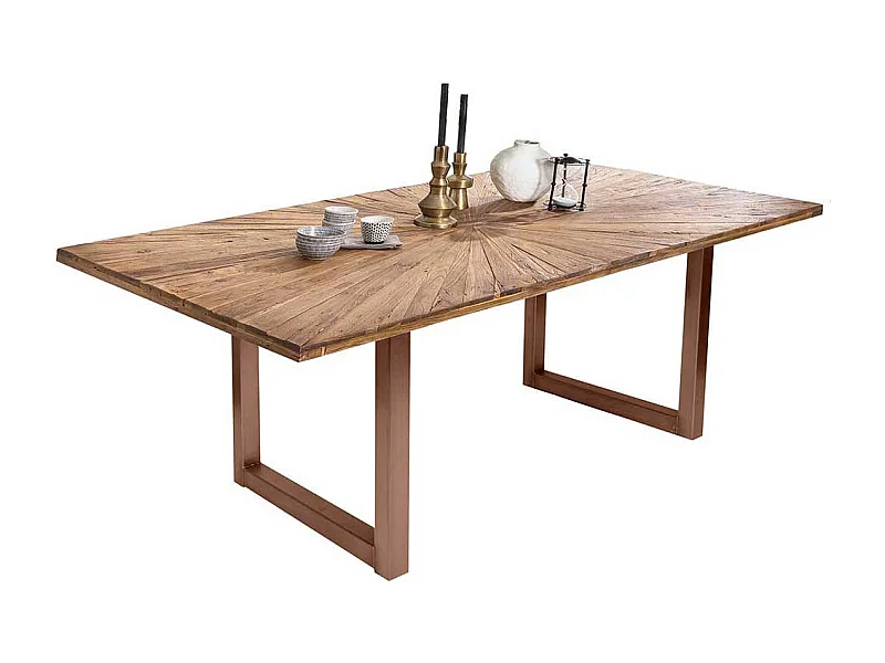 Holztisch Massiv in Teakfarben Platte mit Einlegearbeit