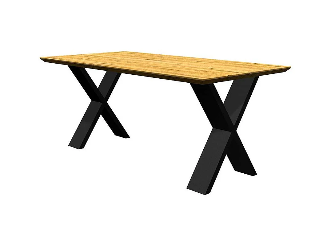 Esstisch massiv Eiche mit Schweizer Kante X Gestell aus Metall