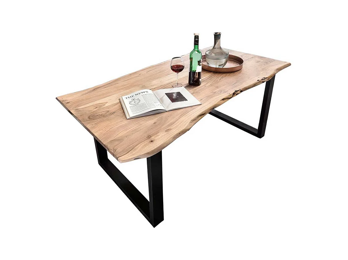 Baumkanten Küchentisch aus Akazie Massivholz Bügelgestell