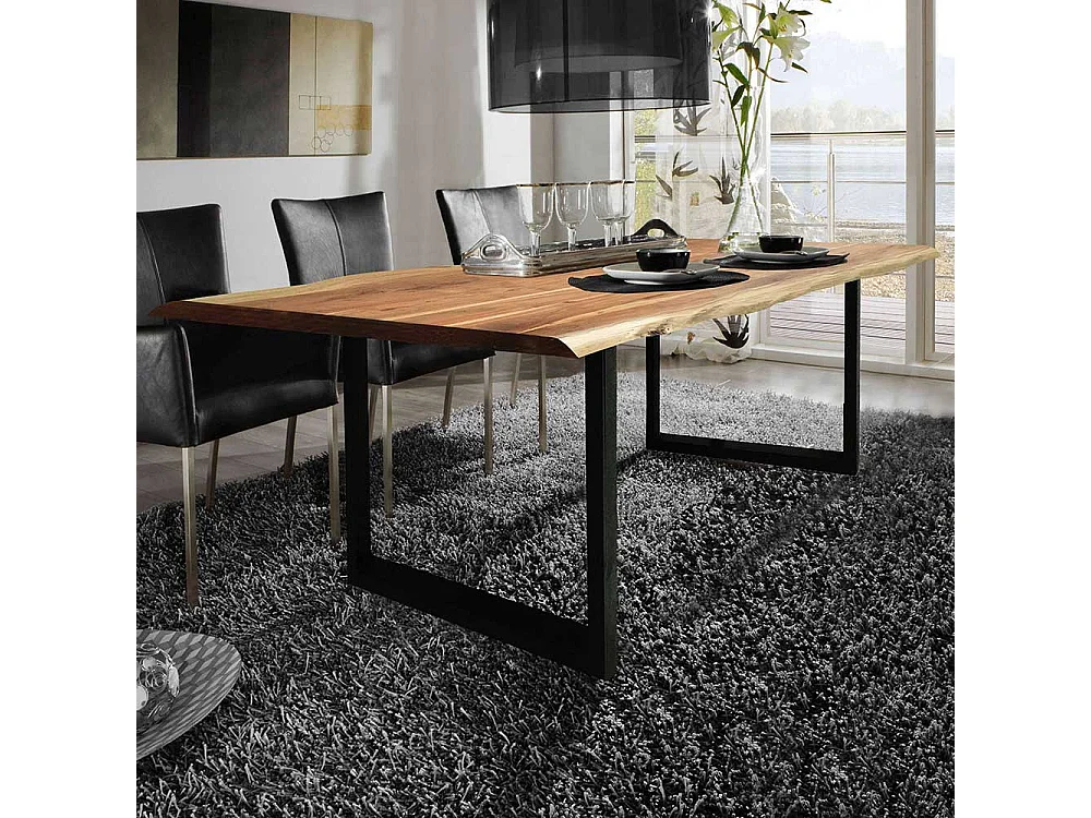 Baumkanten Küchentisch aus Akazie Massivholz Bügelgestell