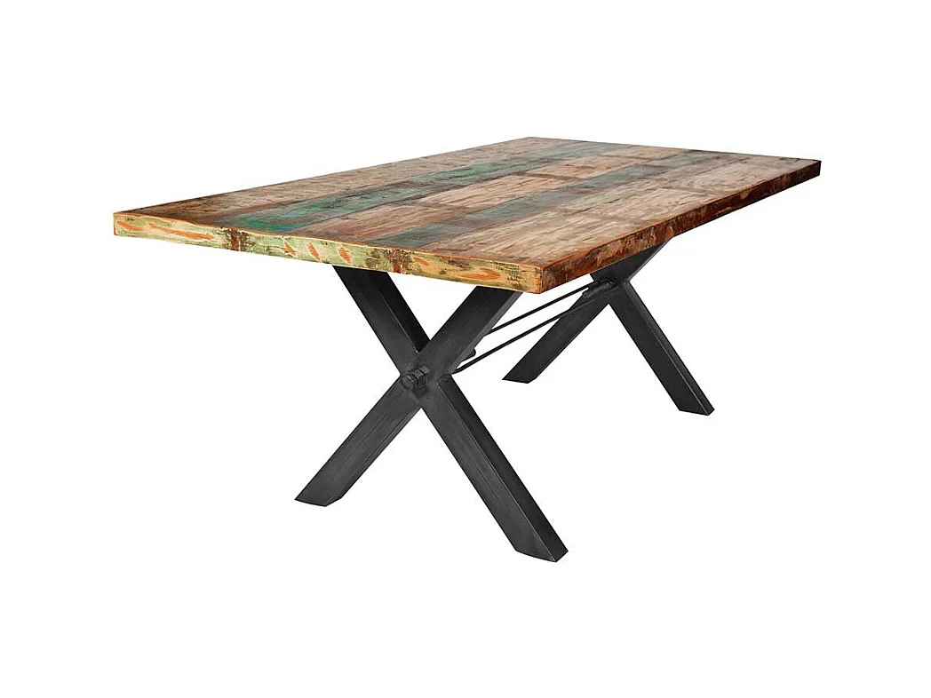 Shabby Esstisch in Bunt und Schwarz Sheesham Recyclingholz und Eisen