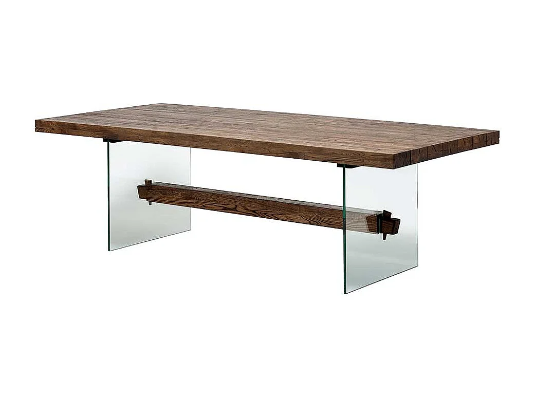 Designesstisch aus Asteiche Massivholz Glas Wangengestell