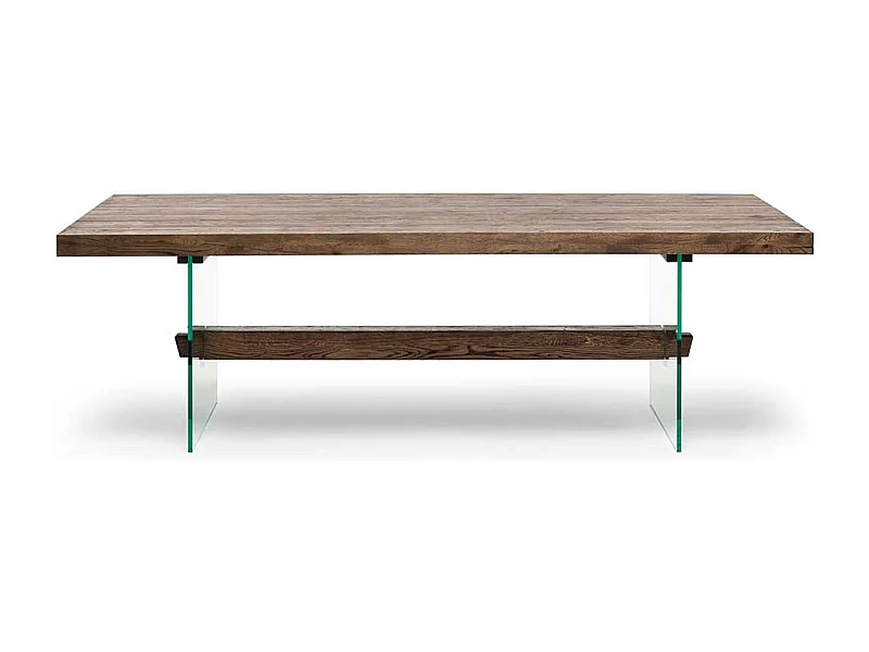 Designesstisch aus Asteiche Massivholz Glas Wangengestell