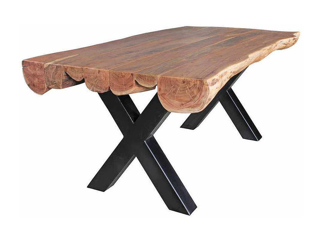 Baumkanten Esstisch aus Akazie Massivholz X-Fußgestell Metall Schwarz