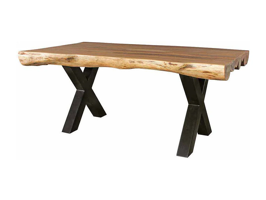 Baumkanten Esstisch aus Akazie Massivholz X-Fußgestell Metall Schwarz