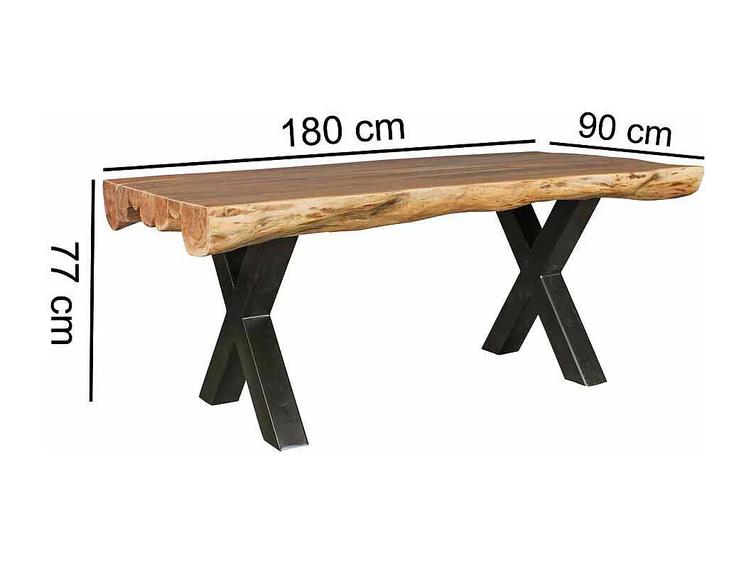 Baumkanten Esstisch aus Akazie Massivholz X-Fußgestell Metall Schwarz