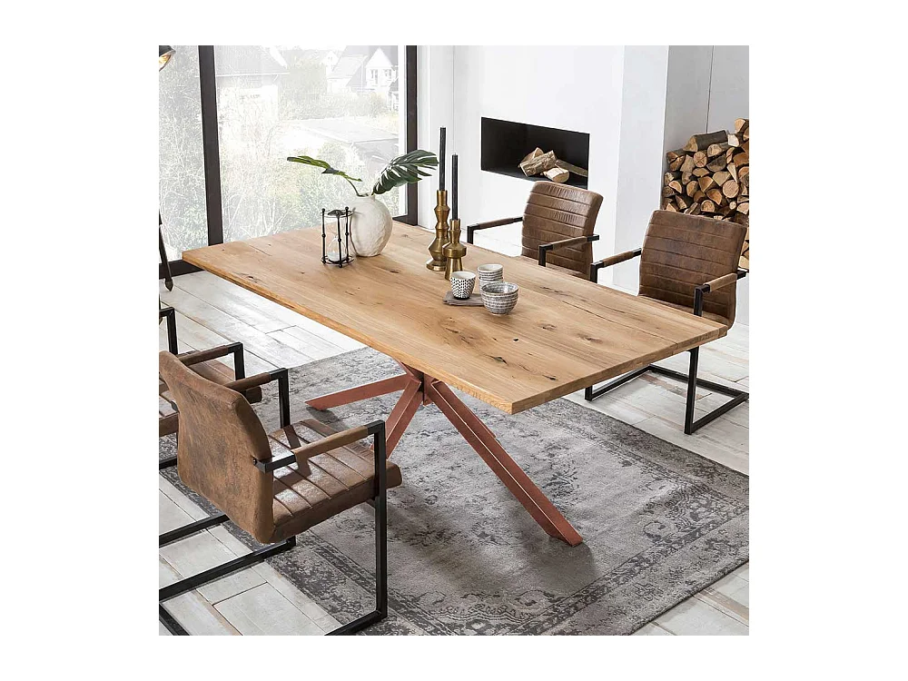 Baumkanten Esstisch aus Wildeiche Massivholz Eisen