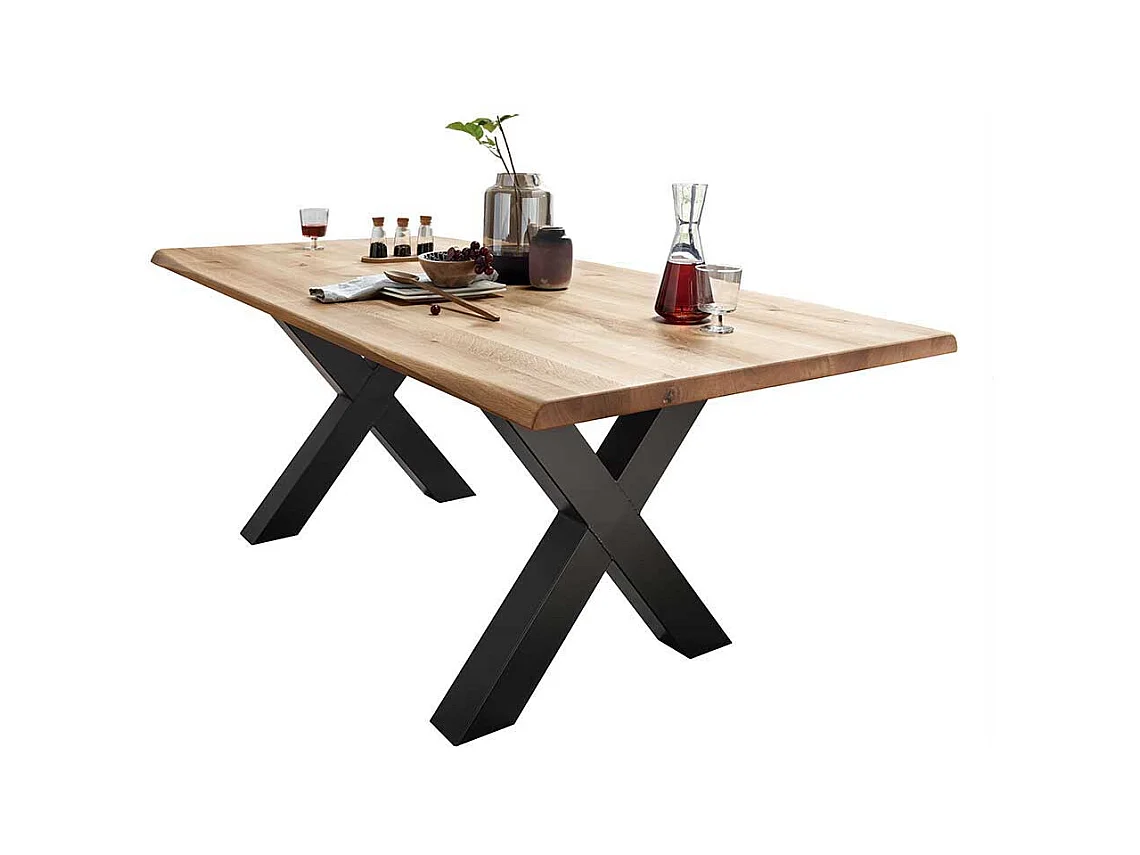 Esszimmer Tisch aus Wildeiche Massivholz und Stahl X-Fußgestell