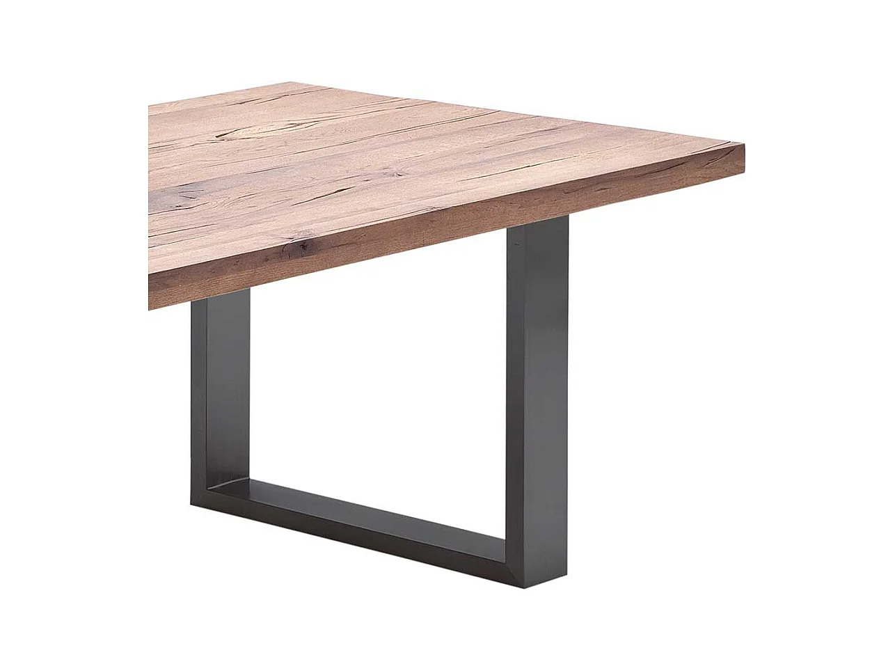 Tisch aus Zerreiche massiv dunkel lackiert Bügelgestell aus Stahl