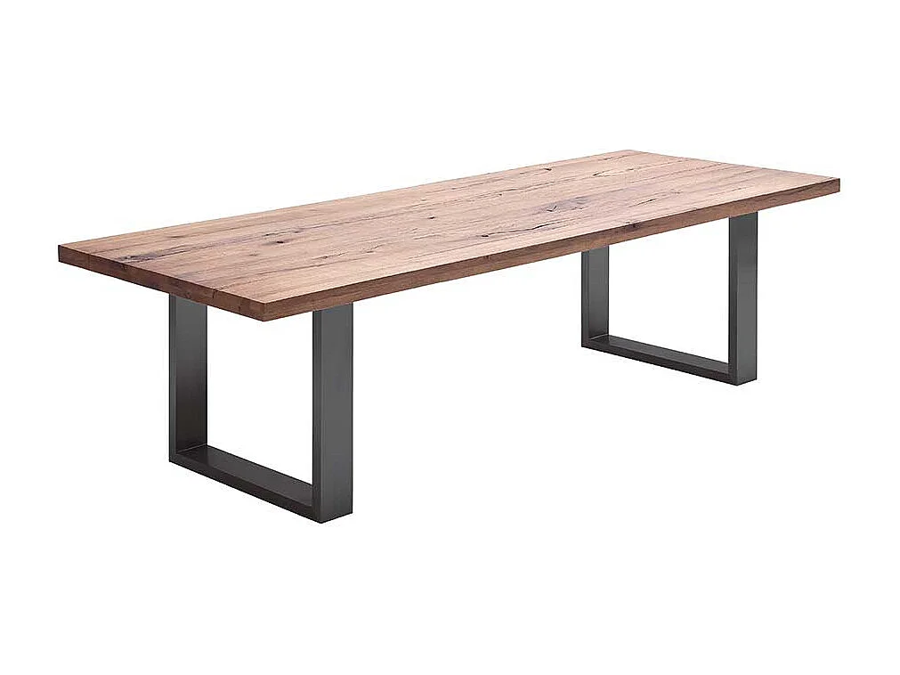 Tisch aus Zerreiche massiv dunkel lackiert Bügelgestell aus Stahl